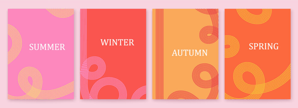 Template abstract summer, fall, winter, spring posters with wavy lines. Modern, minimalist set of covers and banners featuring circular line elements.