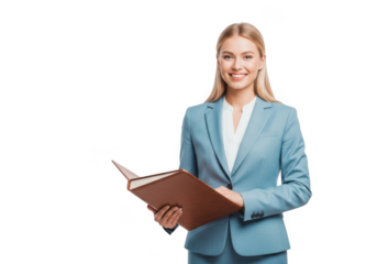 Smiling businesswoman in suit holding folder isolated on transparent background, professional and confident, career and success concept