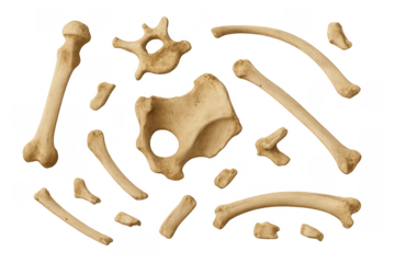 Human bone fragments scattering, presenting damage and injury concept