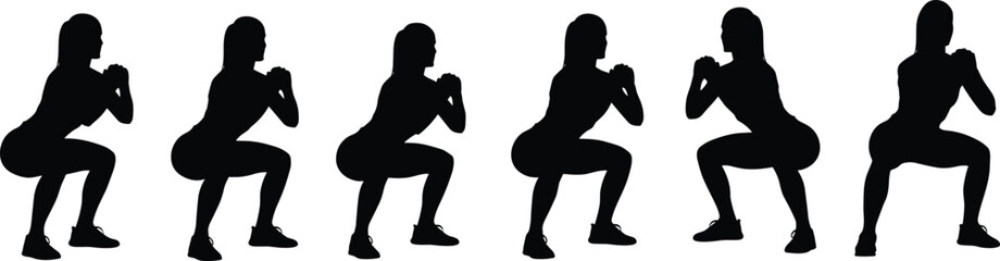 Woman doing squats silhouette, fitness exercise, workout training, healthy lifestyle, gym routine, body strength, weight loss, sport activity, functional movement