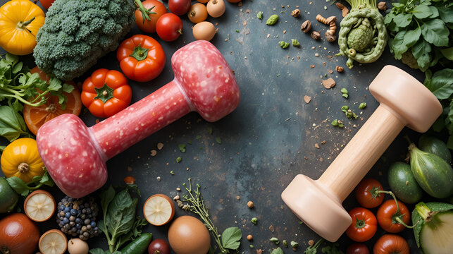 Fresh ingredients and a dumbbell, representing the synergy between healthy food choices and regular exercise for a balanced lifestyle