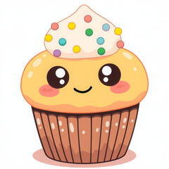 Smiling cartoon cupcake with colorful sprinkles, sweet and cute dessert character