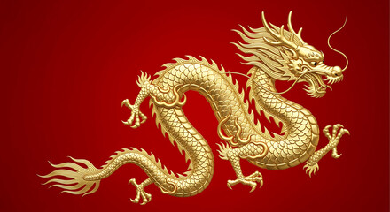 Fototapeta premium Golden Chinese Dragon Sculpture on Red Background