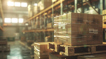 Obraz premium Packages on pallet, focus on logistics and distribution in a large warehouse