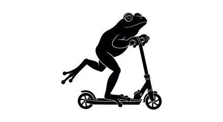 Black silhouette of a frog riding a scooter on a white background Keywords: frog, scooter, riding, silhouette, amphibian, animal, transportation