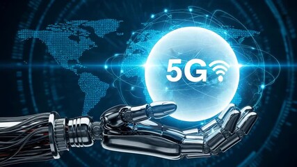 Futuristic 5g technology concept with robot hand holding a glowing sphere displaying the 5g logo and a world map in the background - Powered by Adobe