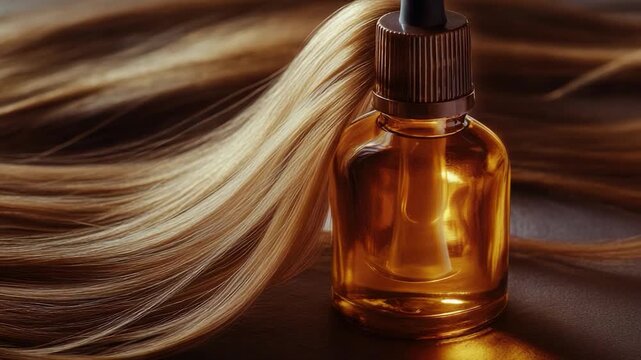 A close-up view of a bottle of hair oil, suitable for use in articles about personal care or beauty products