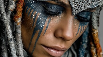 Woman with tribal face paint and braids looking down