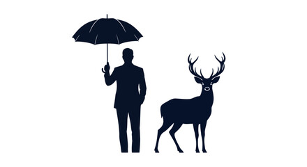 Silhouette of a man holding an umbrella next to a deer with antlers on white background person