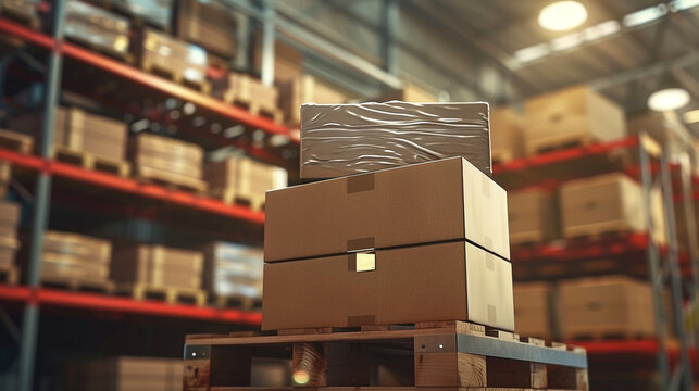 Inventory Logistics: Boxes stacked on a pallet inside a bustling storage warehouse