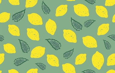 Lemons with mint leaves seamless pattern.