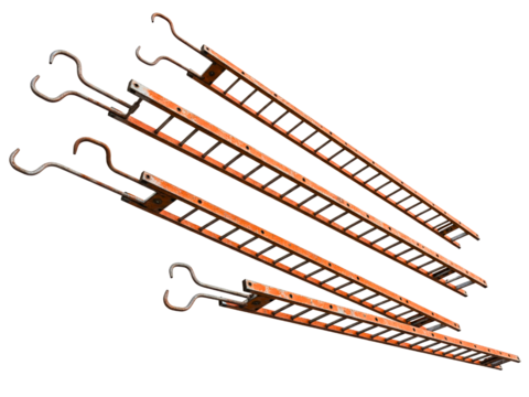 Set of old rusty orange metal construction scaffolding ladders on a transparent background