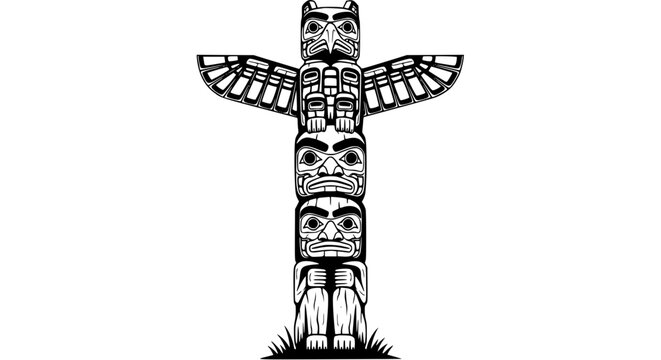 Vector art of detailed totem pole, showcasing intricate carvings and symbolic figures, representing cultural heritage and artistic expression in monochrome