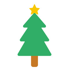 Fototapeta premium Christmas tree flat icon with yellow star on top. Perfect for holiday decorations, festive visuals, party graphics, and seasonal icons.