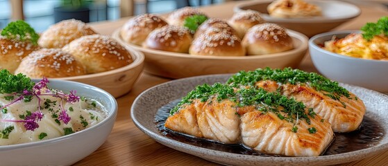 Gourmet Buffet Presentation Of Grilled Salmon Rolls And Various Dishes