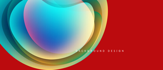 Abstract fluid shapes overlap, creating vibrant color gradients. Red background provides strong contrast, modern design element.