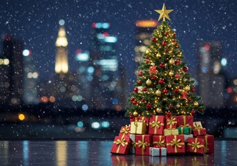 Obraz premium Christmas tree with gifts and city lights at night