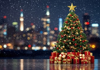 Obraz premium Christmas tree with gifts and city lights in the background during snowfall.