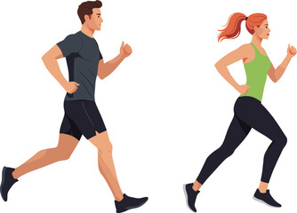 Male jogging, female jogging, running outdoors, athletic apparel, fitness workout, exercising, healthy lifestyle, outdoor cardio, teamwork