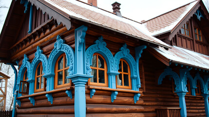 traditional Russian wooden house with blue carved architraves