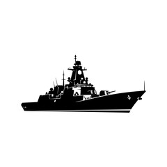 Vector art of silhouette of a modern warship, showcasing its sleek design, advanced weaponry, and powerful presence on the open sea, symbolizing naval strength