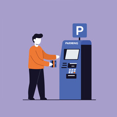 Man inserting credit card into parking payment kiosk with "P" sign