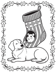 Christmas Coloring Page with Dog and Hamster in Holiday Stocking Surrounded by Holly for Kids and Adults