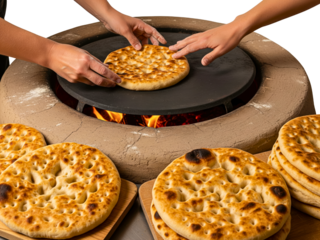 People baking fresh flatbread in a traditional clay fire oven on a transparent background