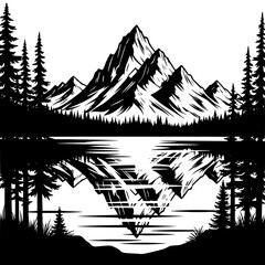 Vector art of majestic mountain reflected in tranquil lake surrounded by towering pine trees, a serene black and white landscape