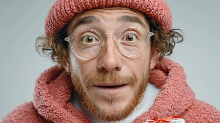 Surprised man in red beanie and glasses looking at camera