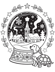 Christmas Coloring Page with Dog and Turtle in Front of Snow Globe Winter Village Scene for Kids and Adults