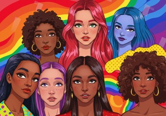 Fototapeta premium Diverse group of women with colorful hair and a rainbow background.