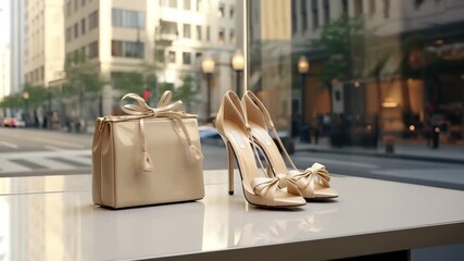 Fashionable varnished with flower handbag and high-heeled shoes with glitter on store window, showcase. Sales in an accessories store.