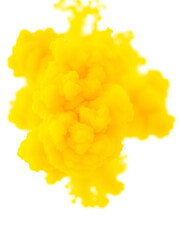 Dense, vibrant yellow cloud of ink or dye, against a white background