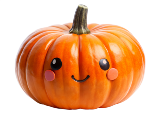 Cute smiling pumpkin isolated on transparent background with rosy cheeks and big black eyes