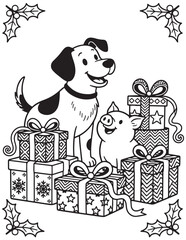 Christmas Coloring Page with Dog and Pig Surrounded by Holiday Presents and Holly Decorations for Kids and Adults