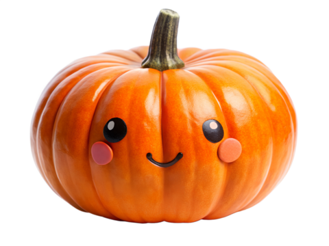 Cute smiling pumpkin isolated on transparent background with rosy cheeks and big black eyes