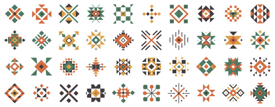 Aztec Ethnic Motif Vector Set &ndash; Native American Geometric Tribal Art Elements for Logo, Tattoo, Fabric, Textile Design, Cultural Crafts, and Decorative Print Projects