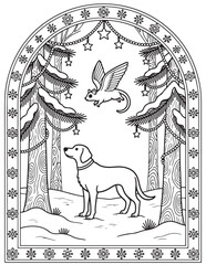 Christmas Coloring Page with Dog and Flying Squirrel in Snowy Forest with Stars and Garlands for Kids and Adults