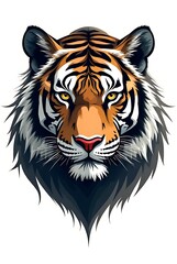 A fierce tigers head with striking orange and black stripes, piercing yellow eyes, and a thick mane, isolated on a white background