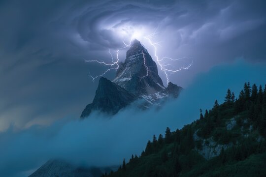 epic scene of storm cloud strike lightning at mountain peak