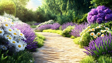 A peaceful garden path bordered with lavender, daisies, and hydrangeas under warm daylight 
