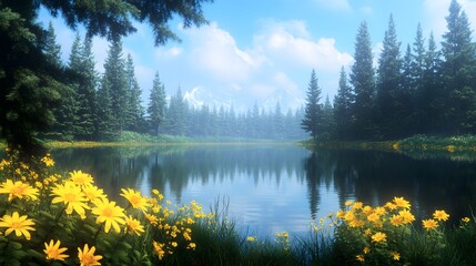 A peaceful lakeside landscape surrounded by dense pine trees and blooming yellow daisies, with calm reflections on the water 
