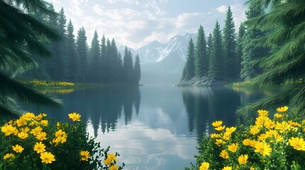 A peaceful lakeside landscape surrounded by dense pine trees and blooming yellow daisies, with calm reflections on the water 
