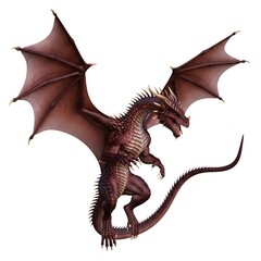 A fearsome red dragon with large wings spread wide, captured in a dynamic pose against a stark white background, showcasing its scaly texture and sharp claws, perfect for fantasy and mythical themes