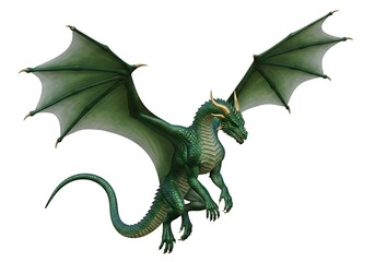 A vibrant green dragon with large, translucent wings in a dynamic pose, appearing to fly or hover, isolated on a clean white background for versatile use