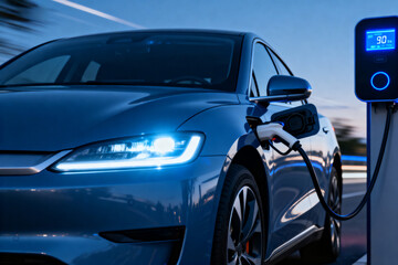 Naklejka premium Electric vehicle front with charging gun inserted, blue-lit display showing real-time charging status, symbolizing sustainable transport, EV technology, and clean energy infrastructure.Generated by AI