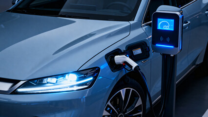 Electric vehicle front with charging gun inserted, blue-lit display showing real-time charging status, symbolizing sustainable transport, EV technology, and clean energy infrastructure.Generated by AI