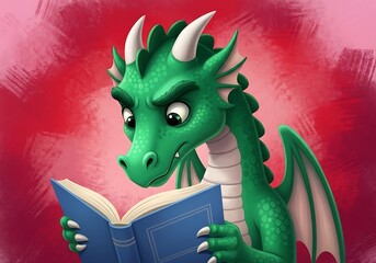 A cute, cartoonish green dragon with big eyes and small wings, looking intently at an open blue book, set against a vibrant, textured pink background, evoking a sense of learning and curiosity