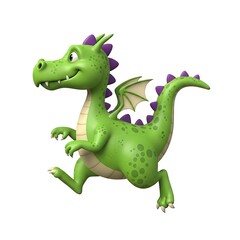 A cute, cartoonstyle green dragon with purple spikes is happily running, isolated on a white background, perfect for childrens stories and fantasy themes